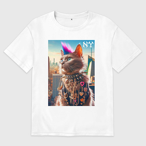 Мужская футболка оверсайз Funny cat punk from New York - ai art / Белый – фото 1