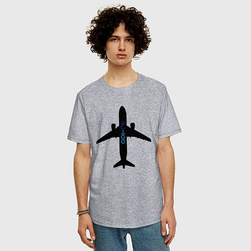 Мужская футболка оверсайз Черный облик самолета SJ-100 с названием / Меланж – фото 3