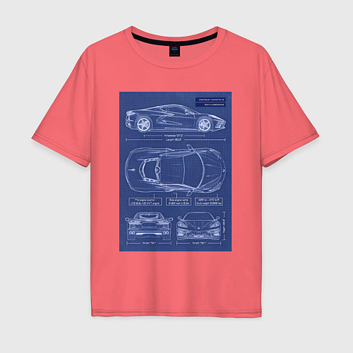 Мужская футболка оверсайз Chevrolet Corvette чертеж / Коралловый – фото 1