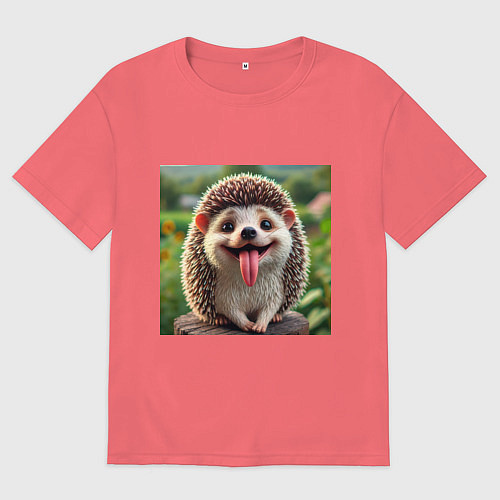Мужская футболка оверсайз Милый ежик с высунутым языком / Коралловый – фото 1