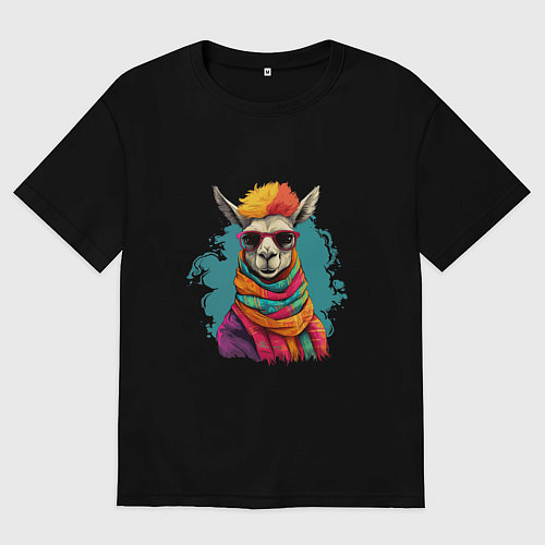 Мужская футболка оверсайз Лама в разноцветном шарфе / Черный – фото 1
