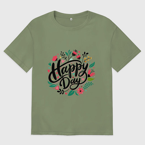 Мужская футболка оверсайз Happy day с цветами / Авокадо – фото 1