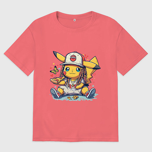 Мужская футболка оверсайз Пикачу покемон ест пиццу / Коралловый – фото 1