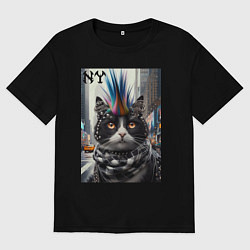 Мужская футболка оверсайз Кот панк с разноцветным хаером - Нью-Йорк