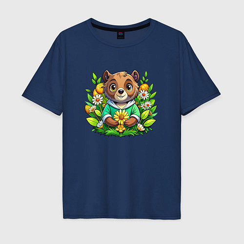 Мужская футболка оверсайз Медведь среди цветов / Тёмно-синий – фото 1