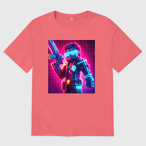 Мужская футболка оверсайз Minecraft and cyberpunk collaboration - neon glow / Коралловый – фото 1