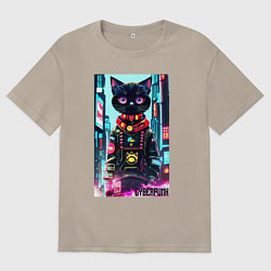 Футболка оверсайз мужская Котёнок в мегаполисе - киберпанк, цвет: миндальный