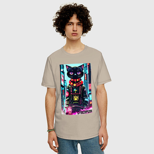 Мужская футболка оверсайз Котёнок в мегаполисе - киберпанк / Миндальный – фото 3