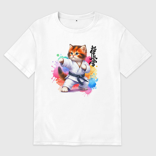 Мужская футболка оверсайз Кёкусинкай карате - крутой котёнок / Белый – фото 1