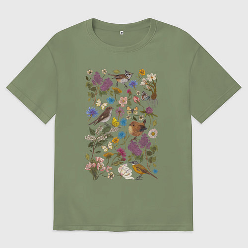 Мужская футболка оверсайз Птицы, бабочки, цветы / Авокадо – фото 1