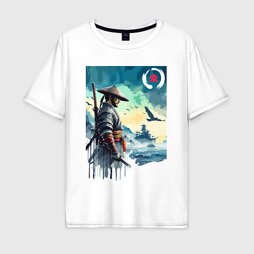 Мужская футболка оверсайз Японский самурай - призрак Цусимы / Белый – фото 1