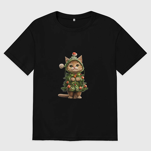 Мужская футболка оверсайз Кот в костюме новогодней елки / Черный – фото 1