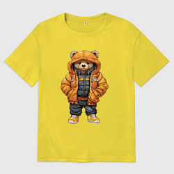 Футболка оверсайз мужская Медведь в тёплой куртке, цвет: желтый