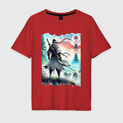 Мужская футболка оверсайз Warrior samurai - ai art watercolor / Красный – фото 1