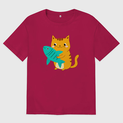 Мужская футболка оверсайз Рыжий котик с рыбкой / Маджента – фото 1