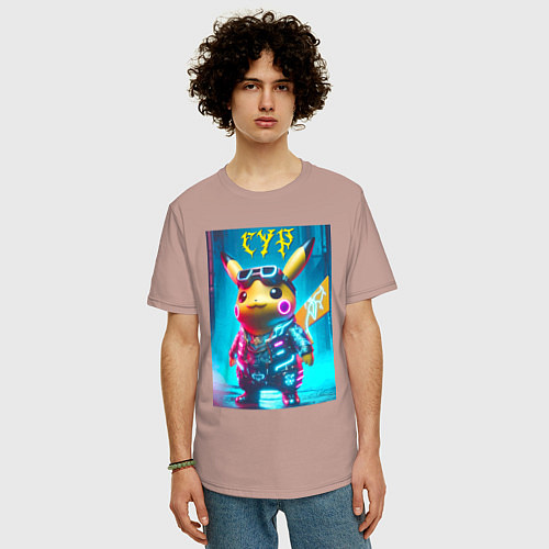 Мужская футболка оверсайз Cyber Pikachu - ai art fantasy / Пыльно-розовый – фото 3