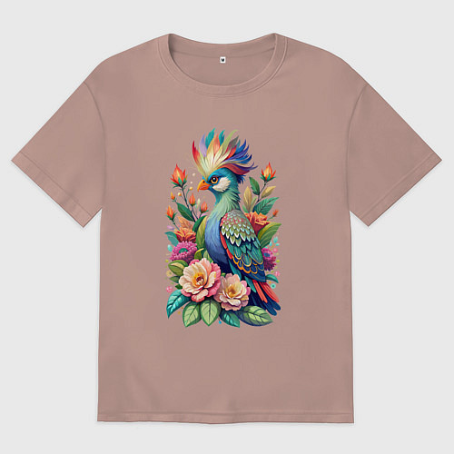 Мужская футболка оверсайз Голубая птица с хохолком среди цветов / Пыльно-розовый – фото 1