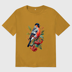 Футболка оверсайз мужская Снегирь не ветке красной рябины, цвет: горчичный