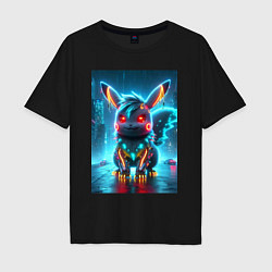 Футболка оверсайз мужская Cyber Pikachu in the neon metropolis - ai art, цвет: черный