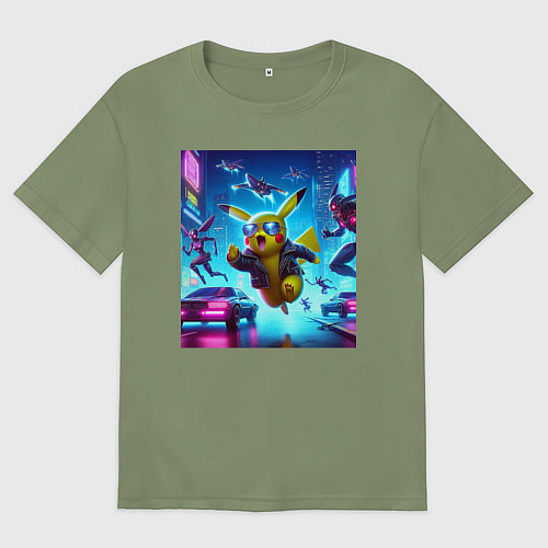 Мужская футболка оверсайз Киберпанк Пикачу - неоновая погоня с роботами - Pi / Авокадо – фото 1