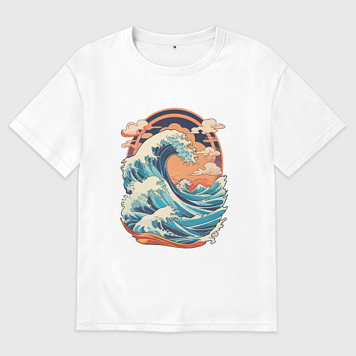 Мужская футболка оверсайз Волна и облака в японском стиле / Белый – фото 1