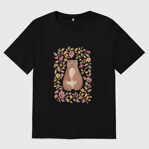 Мужская футболка оверсайз Медведь с осенними цветами и листьями / Черный – фото 1