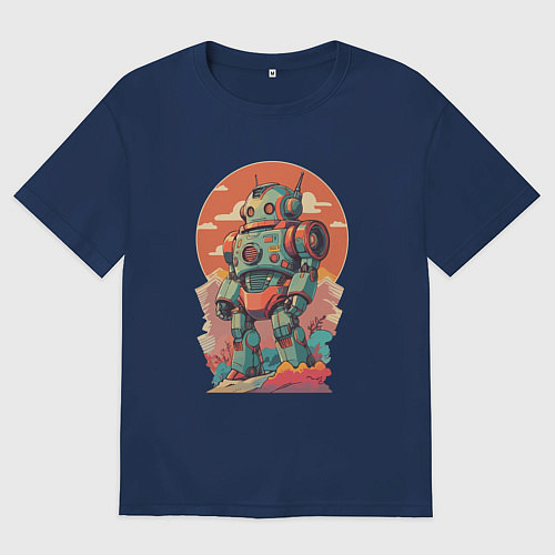 Мужская футболка оверсайз Ретро робот в стиле аниме / Тёмно-синий – фото 1