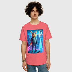 Футболка оверсайз мужская Чувак Пикачу в мегаполисе - урбан нейроарт, цвет: коралловый — фото 2
