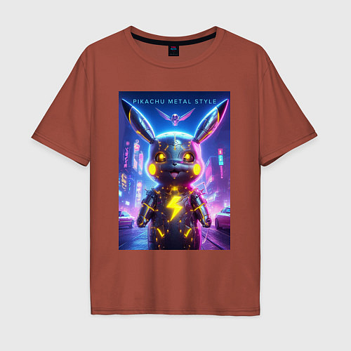 Мужская футболка оверсайз Cyber Pikachu - metal style neon glow / Кирпичный – фото 1