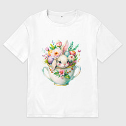 Футболка оверсайз мужская Милый кролик акварельная чашечка цветы, цвет: белый
