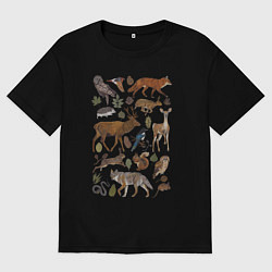 Футболка оверсайз мужская Лесные животные и птицы, цвет: черный