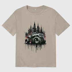 Мужская футболка оверсайз Грузовик на фоне города