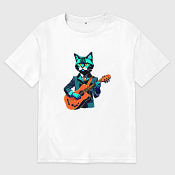 Футболка оверсайз мужская Кот с гитарой киберпанк, цвет: белый