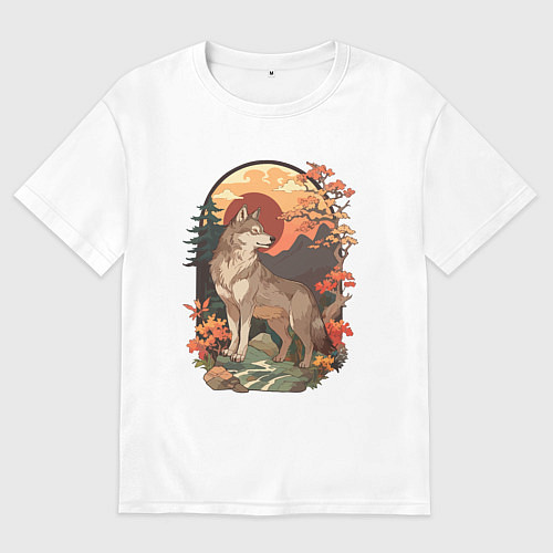 Мужская футболка оверсайз Волк в лесу в японском стиле / Белый – фото 1