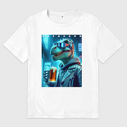 Футболка оверсайз мужская Крутой чувак Дино с кружкой пива - нейроарт, цвет: белый