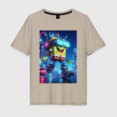 Мужская футболка оверсайз Cyber Sponge Bob - neon glow fantasy / Миндальный – фото 1