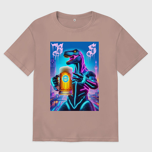 Мужская футболка оверсайз Neon beersaur in metropolis - ai art fantasy / Пыльно-розовый – фото 1