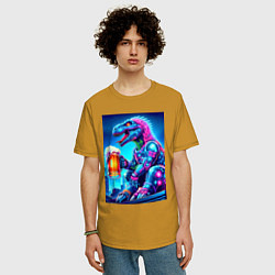 Футболка оверсайз мужская Cyber tyrannosaur with a mug of beer - ai art fant, цвет: горчичный — фото 2