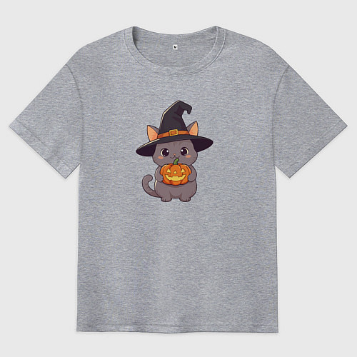 Мужская футболка оверсайз Кот в шляпе ведьмы с тыквой / Меланж – фото 1