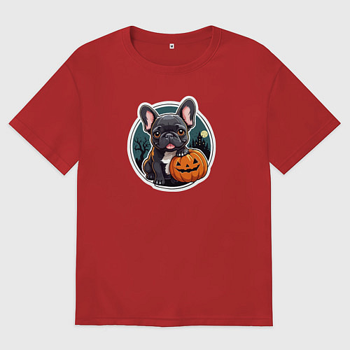 Мужская футболка оверсайз Собака французский бульдог с тыквой / Красный – фото 1