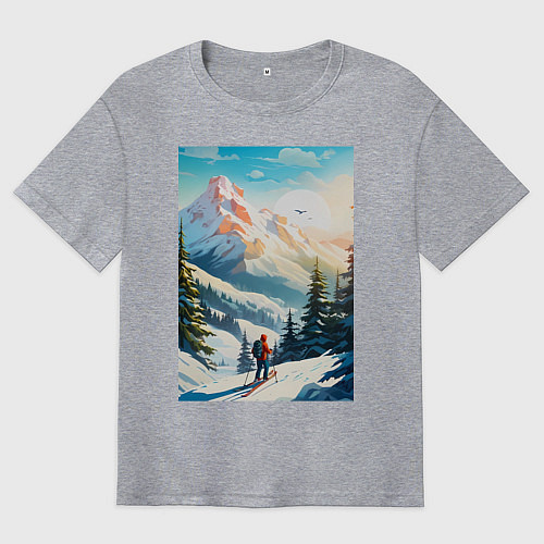 Мужская футболка оверсайз Лыжник в горах / Меланж – фото 1