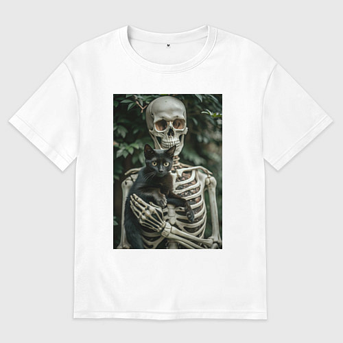 Мужская футболка оверсайз Скелет с черным котом / Белый – фото 1