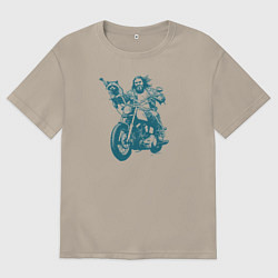 Мужская футболка оверсайз Енот с байкером на мотоцикле