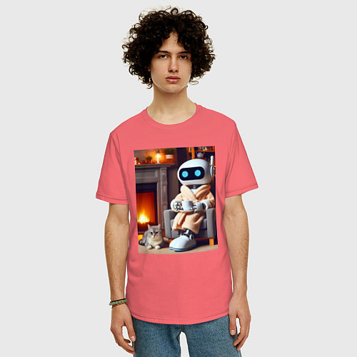 Мужская футболка оверсайз Робот у камина с котом и чашкой кофе - нейроарт / Коралловый – фото 3