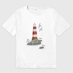 Мужская футболка оверсайз Маяк и чайки на берегу моря