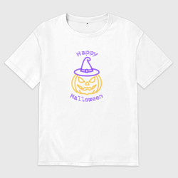 Футболка оверсайз мужская Неоновая тыква в шляпе ведьмы, цвет: белый