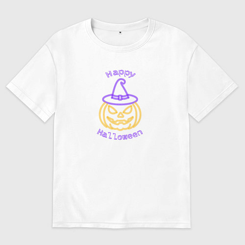 Мужская футболка оверсайз Неоновая тыква в шляпе ведьмы / Белый – фото 1