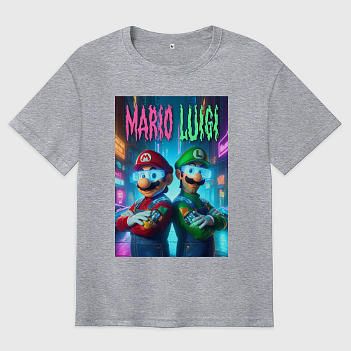 Мужская футболка оверсайз Марио и Луиджи в неоновом городе - нейроарт / Меланж – фото 1