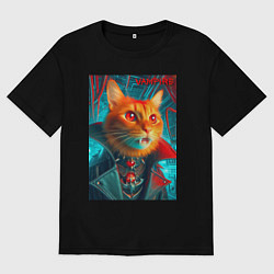Футболка оверсайз мужская Рыжий кот вампир - нейроарт, цвет: черный