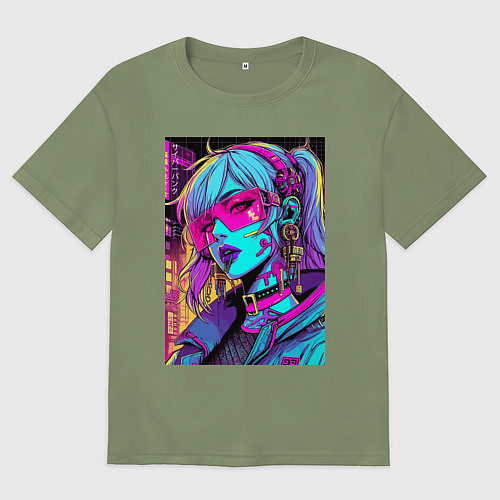 Мужская футболка оверсайз Кибер девчонка в розовых очках - нейроарт / Авокадо – фото 1